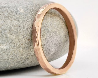 2mm Flat Hammered Finish Rose Gold Ring 10k, 14k, or 18k, Solid Gold, Rose gold Band, Squared Rose Gold Ring, minimal wedding band