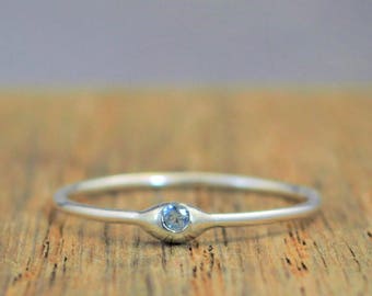 Dainty Silver Aquamarine Mothers Ring, Birthstone, Tiny Aquamarine Ring, Dew Drop Ring, Sterling Silver, Stacking Ring, March Birthday Gift