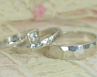 Square CZ Diamond Engagement Ring, Sterling Silver, Diamond Wedding Ring Set, Rustic Wedding Ring Set, April Birthstone, Sterling Diamond