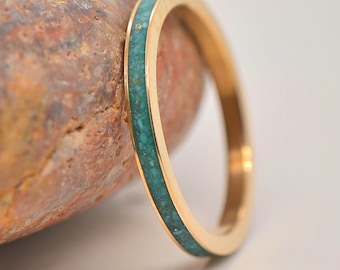 Turquoise 2mm wide Real Gold Ring, 10k 14k or 18k Inlaid Thin Eternity Ring Natural Stone Perfect Delicate Wedding Anniversary Band Bespoke