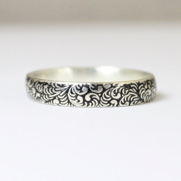 Silver Flower Ring, Floral Band, Swirl Ring, Black Ring, Sterling Silver Ring, Sterling Stack Ring, Silver Band, Romantic Boho Ring