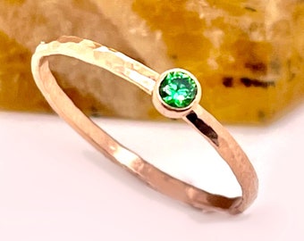 Emerald Ring, Dainty Rose Gold Filled, Hammered Rose Gold, Stacking Rings, Mothers Ring, May Birthstone, Emerald Ring, Rustic Emerald Ring