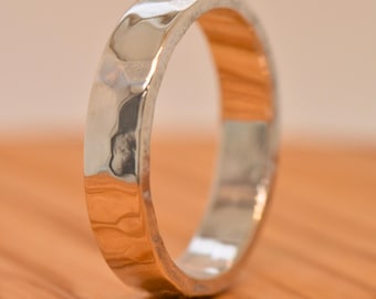 4mm Wide Solid White Gold Hammered Wedding Band, Choose 10k, 14k, or 18k White gold,Rustic Wedding Ring,Heavy White Gold Ring,Free Engraving