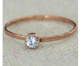Dainty Copper CZ Diamond Ring, Hammered Copper, CZ Diamond Jewelry, CZ Diamond Mothers Ring, Aprils Birthstone, Copper Jewelry, Pure Copper