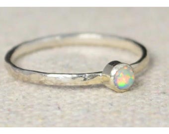 Classic Sterling Silver Opal Ring, 3mm Silver solitaire, Soltaire, Silver jewelry, October Birthstone, Mothers Ring, Silver band