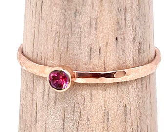 Dainty Rose Gold Ruby Ring, Hammered Ros eGold, Stackable Rings, Mother's Ring, July Birthstone Ring, Rustic Ruby Ring, 14K Rose Gold Fill