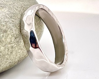 4mm Wide Solid White Gold Hammered Wedding Band, Choose 10k, 14k, or 18k White gold,Rustic Wedding Ring,Heavy White Gold Ring,Free Engraving