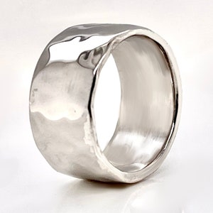 Heavy 10mm Wide Solid White Gold Hammered Wedding Band, Choose 10k, 14k,or 18k White gold,Rustic Wedding Ring,Free Engraving image 2