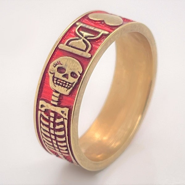 Gouden gotische ring, Memento Mori sieraden, rouw ring, skelet ring, Memorial ring, gratis binnen ring gravure, Goth ring, 6 mm brede ring