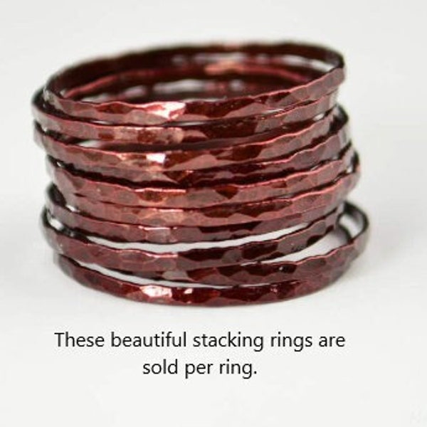 Super Thin Cherry Copper Stackable Ring(s), Copper Ring, Skinny Ring, Copper Band, Red Copper Ring, Hammered Copper Ring, Arthritis Ring
