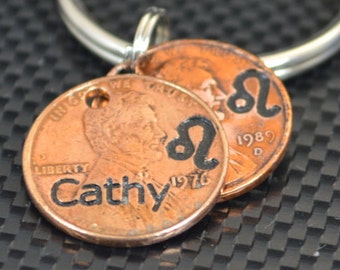 Leo Keychain, Leo Key Chain, Birthday Key Chain, Birthday Keychain, Leo Birthday, Lucky Penny, Penny Keychain, Birthday Gift, Leo