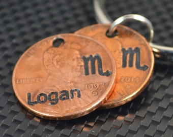 Scorpio Keychain, Scorpio Key Chain, Birthday Key Chain, Birthday Keychain, Scorpio Birthday, Lucky Penny, Penny Keychain, Birthday Gift