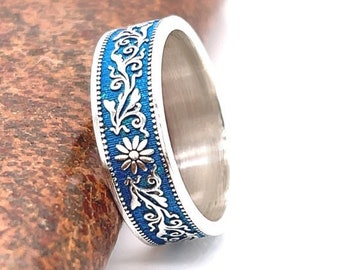 La bague de fleurs de cerisier et de vigne, bague de mariage en argent sterling 925, art japonais, bande de couleur turquoise, bague de pièce inspirée, cadeau pour elle.