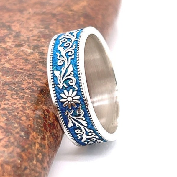 La bague de fleurs de cerisier et de vigne, bague de mariage en argent sterling 925, art japonais, bande de couleur turquoise, bague de pièce inspirée, cadeau pour elle.