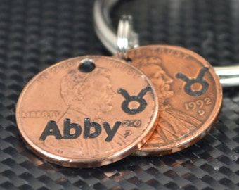 Taurus Keychain, Taurus Key Chain, Birthday Key Chain, Birthday Keychain, Taurus Birthday, Lucky Penny, Penny Keychain, Birthday Gift