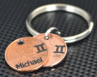 Gemini Keychain, GeminiKey Chain, Birthday Key Chain, Birthday Keychain, Gemini Birthday, Lucky Penny, Penny Keychain, Birthday Gift, Gemini