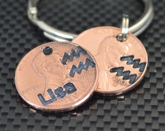 Aquarius Keychain, Aquarius Key Chain, Birthday Key Chain, Birthday Keychain, Aquarius Birthday, Lucky Penny, Penny Keychain, Birthday Gift