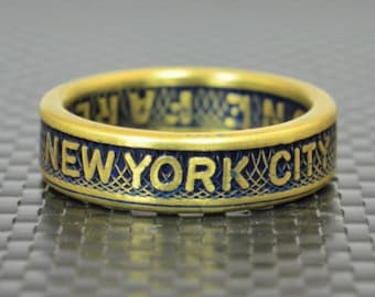 New York City Coin Ring, Brass Coin Ring, New York City jewelry, Subway Token Ring, Blue and Gold Ring, Blue Ring, New York Gift , NYC Ring