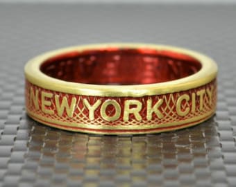 New York City Coin Ring, Brass Coin Ring, New York City jewelry, Subway Token Ring, Red and Gold Ring, Red Ring, New York Gift , NYC Ring