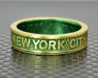 New York City Coin Ring, Brass Coin Ring, New York City jewelry, Subway Token Ring, Green and Gold Ring, Green Ring, New York Gift, NYC Ring