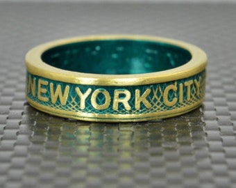 New York City Coin Ring, Brass Coin Ring, New York City jewelry, Subway Token Ring, Turquoise and Gold Ring, New York Gift, NYC Ring