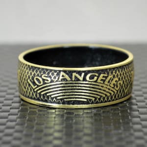 Black Los Angeles Coin Ring, Black Ring, LA Coin Ring, Gift for a Kings Fan, Unusual Ring, Brass Ring, Coin Art, Los Angeles Art, Brass Band