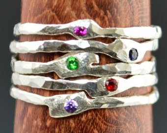 Grab 5-Thin Freeform Mother's Rings, Birthstone Ring, Stacking Rings, Silver Birthstone Rings, Mother's Gemstone Ring, Pure Silver Rings