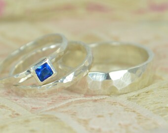 Square Blue Zircon Engagement Ring, Sterling Silver, Blue Zircon Wedding Ring Set, Rustic Wedding Ring Set, December Birthstone, Blue Zircon