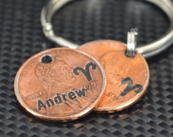 Aries Keychain, Aries Key Chain, Birthday Key Chain, Birthday Keychain, Aries Birthday, Lucky Penny, Penny Keychain, Birthday Gift, Aries