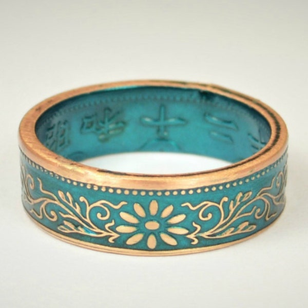 Anneau de pièce de monnaie, anneau de turquoise, anneau japonais, anneau en bronze, pièce de monnaie japonaise, bijoux japonais, anneaux de pièce de monnaie, japonais, pièce d'art, anneau de pièce de monnaie japonais