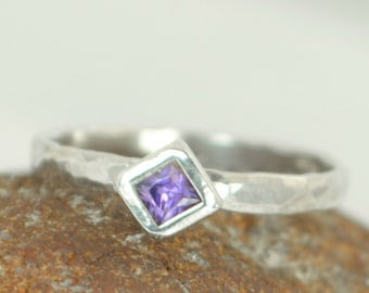 Square Amethyst Ring, Amethyst Solitaire, Amethyst White Gold Ring, February Birthstone Ring, Square Stone Mothers Ring, Square Stone Ring