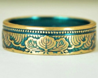 Japanese Coin Ring, Turquoise Ring, Wave Ring, Japanese Art, Brass Ring, unique ring, bohemian ring, Art nouveau, 21st anniversary