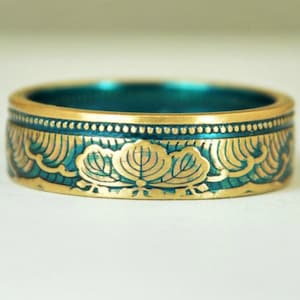 Japanese Coin Ring, Turquoise Ring, Wave Ring, Japanese Art, Brass Ring, unique ring, bohemian ring, Art nouveau, 21st anniversary