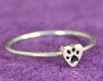 Silver Dog Print Ring, Pet Jewelry, Monogram Heart Ring, Silver Heart Ring, Personalized Heart Ring, Sterling Heart Ring, Silver Ring