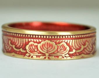 Japanese Coin Ring, Red Ring, Wave Ring, Japanese Art, Brass Ring, Red band. unique ring, bohemian ring, Art nouveau, 21st anniversary