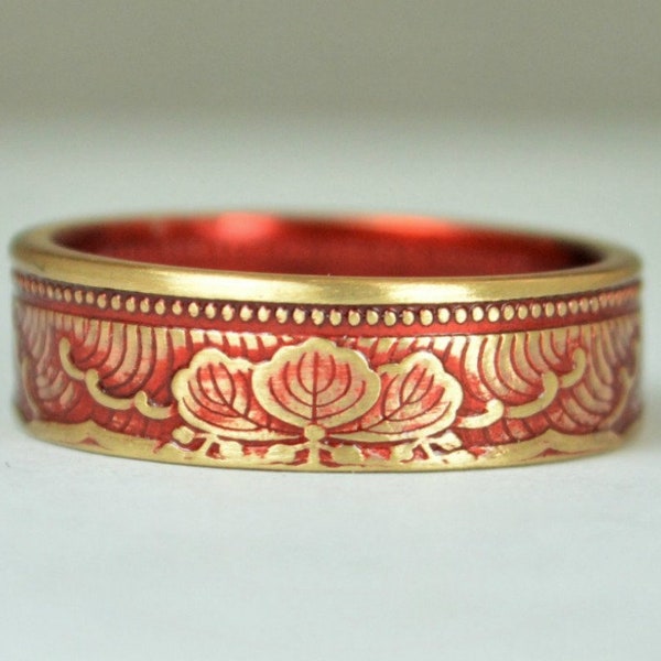 Japanese Coin Ring, Red Ring, Wave Ring, Japanese Art, Brass Ring, Red band. unique ring, bohemian ring, Art nouveau, 21st anniversary