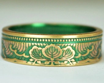 Japanese Coin Ring, Green Ring, Wave Ring, Japanese Art, Brass Ring, Green band. unique ring, bohemian ring, Art nouveau, 21st anniversary