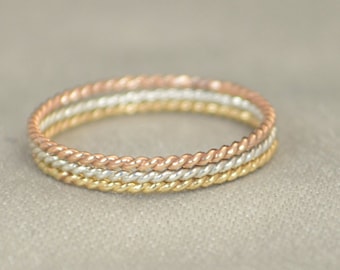 Set of Silver and Yellow and Rose Gold Filled Thin Stacking Ring Set, Spiral Rings, Silver Ring, Stacking Rings, Yellow Gold Rings, Ring Set