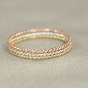 Set of Silver and Yellow and Rose Gold Filled Thin Stacking Ring Set, Spiral Rings, Silver Ring, Stacking Rings, Yellow Gold Rings, Ring Set image 1