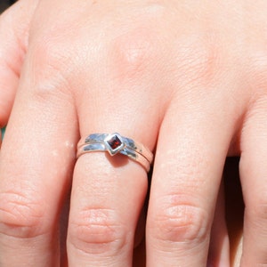 Square Garnet Ring, Garnet Solitaire, Garnet Silver Ring, January Birthstone Ring, Square Stone Mothers Ring, Silver Band, Square Stone Ring image 1