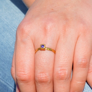 Square Amethyst Ring, Amethyst Solitaire, Gold Filled Amethyst Ring, February Birthstone, Square Stone Mothers Ring, Gold Square Stone Ring image 1