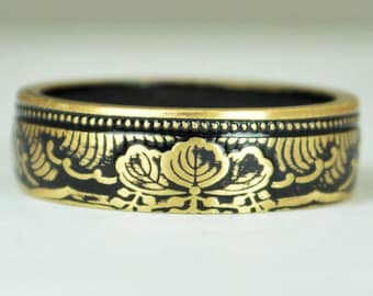 Japanese Coin Ring, Black Ring, Wave Ring, Japanese Art, Brass Ring, Black band. unique ring, bohemian ring, Art nouveau, 21st anniversary