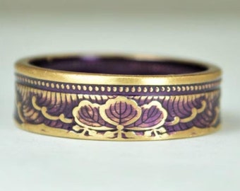 Japanese Coin Ring, Purple Ring, Wave Ring, Japanese Art, Brass Ring, Purple band. unique ring, bohemian ring, Art nouveau, 21st anniversary