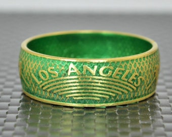 Green Los Angeles Coin Ring, Green Ring, LA Coin Ring, Gift, Unusual Ring, Coin Ring, Brass Ring, Coin Art, Los Angeles, Art Brass Band