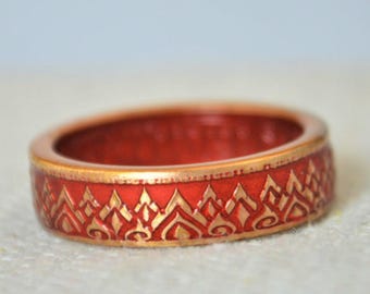 Thailand Coin Ring, Red Ring, Red Coin Ring, Crown Ring, Unique Ring, Red BoHo Ring, Coin Jewelry, Bohemian Ring, Thai Coin Ring, Thai Art