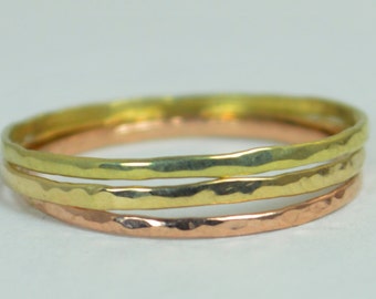 Solid Green, Rose & Yellow Gold Super Thin Stack Ring Set, 14k Gift For Wife, Slim Ring, Triple Gold Ring, Ultra Thin Ring, 14k Green Gold