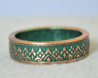 Thailand Coin Ring, Green Ring, Thai Coin Ring, Crown Ring, Unique Ring, Green BoHo Ring, Coin Jewelry, Bohemian Ring, Thailand, Coin Ring