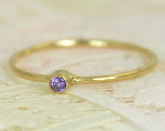 Tiny Amethyst Ring Set, Solid 14k Gold Wedding Set, Amethyst Stacking Ring, Solid 14k Gold Amethyst Ring, Bridal Set, February Birthstone