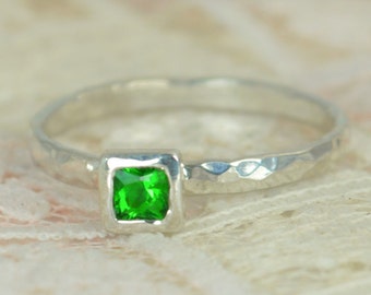 Square Emerald Engagement Ring, Sterling Silver, Emerald Wedding Ring Set, Rustic Wedding Ring Set, May Birthstone, Sterling Silver Emerald