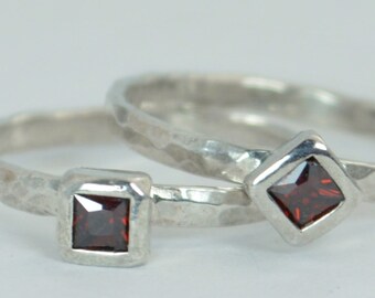Square Garnet Ring, Garnet Solitaire, Garnet White Gold Ring, January Birthstone Ring, Square Stone Mothers Ring, Square Stone Ring